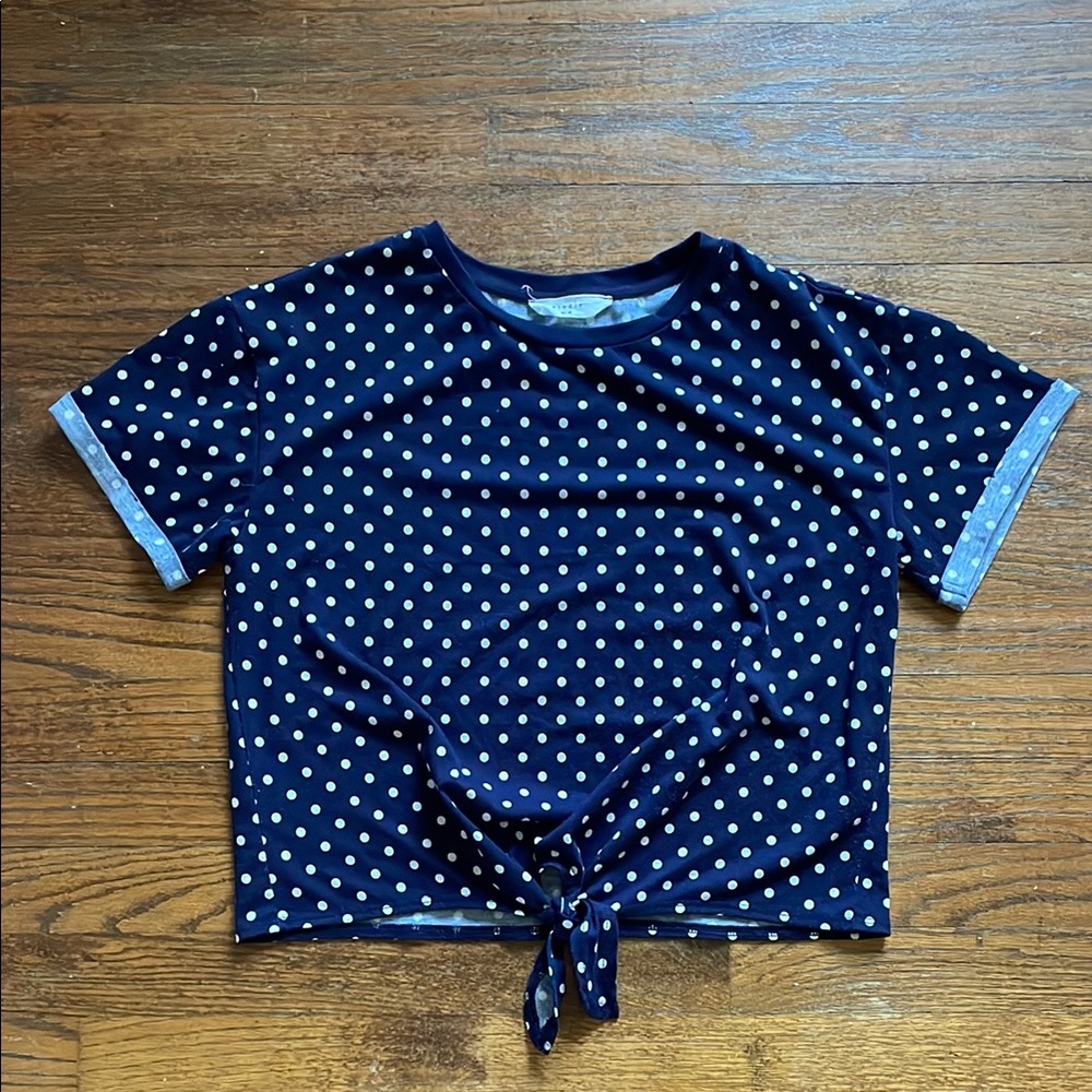 Elodie Navy and White Polka Dot Tie-Front Short Sleeve Top